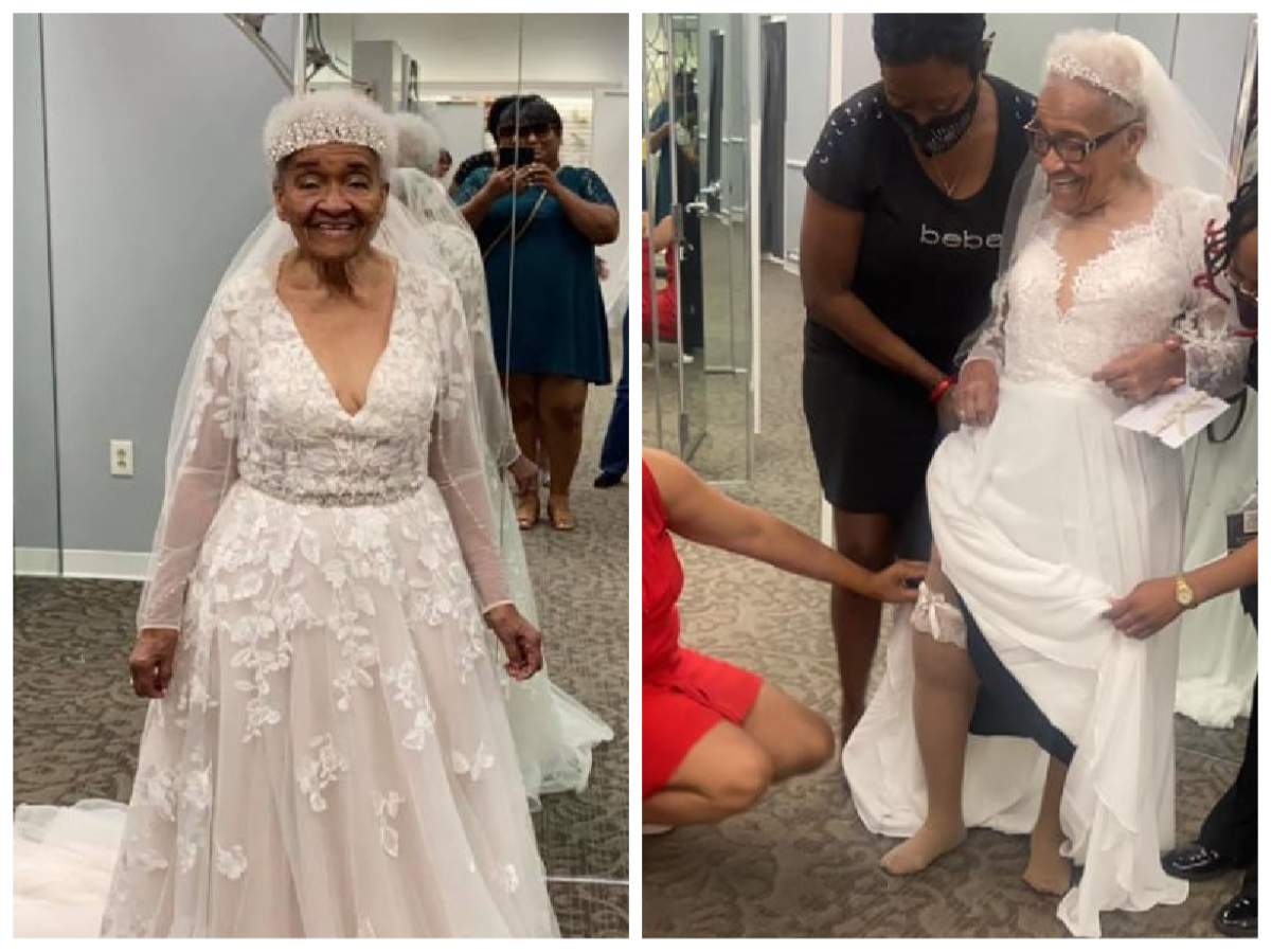 femeia de 94 de ani în rochie de mireasă