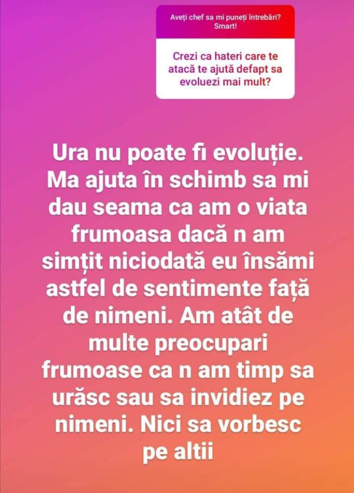 Mesajul publicat de Oana Roman pe Instagram