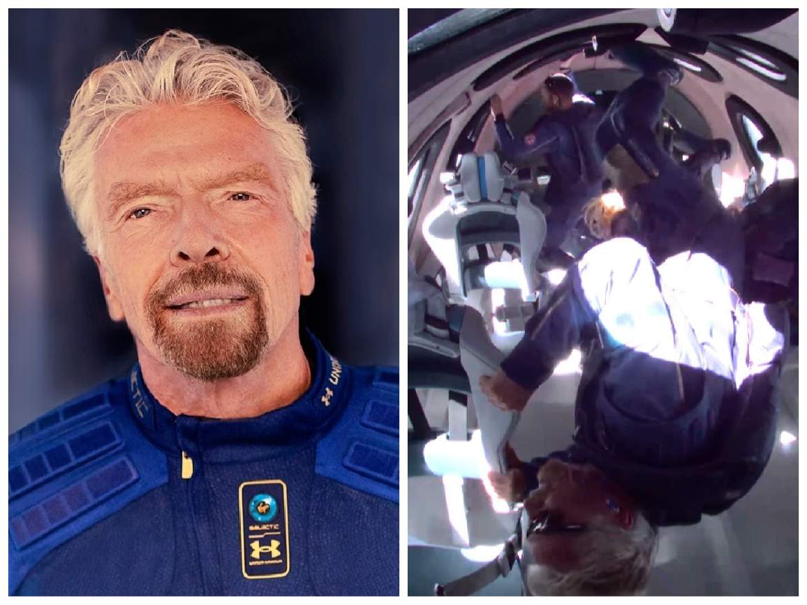 Richard Branson în costumul de astronaut și el alături de echipaj în nava spațială