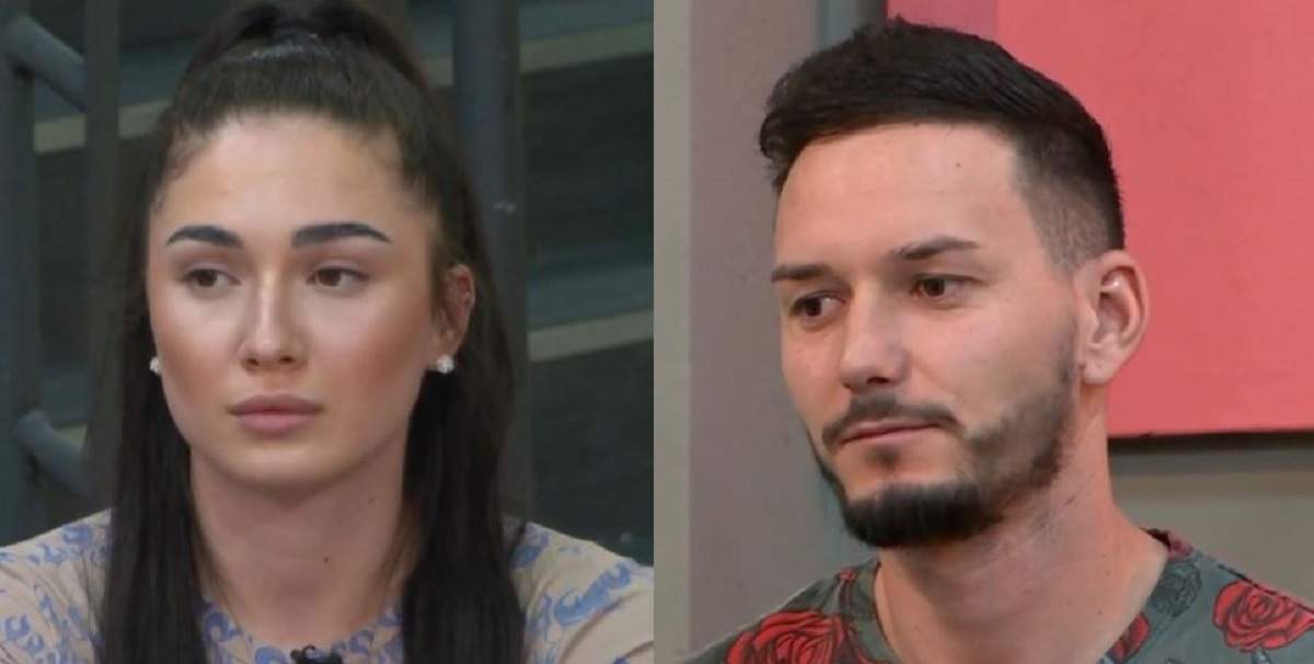 Un colaj cu Romina și Ionuț de la Mireasa. Ea poartă bluză crem cu model bleu, iar el tricou cu model cu trandafiri roșii.