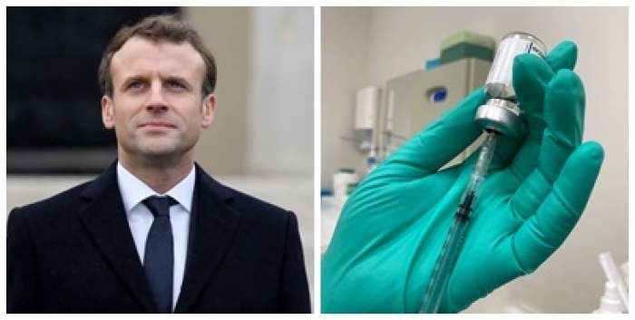 Colaj foto cu Emmanuel Macron și un medic care ține o sticlă de ser în mână