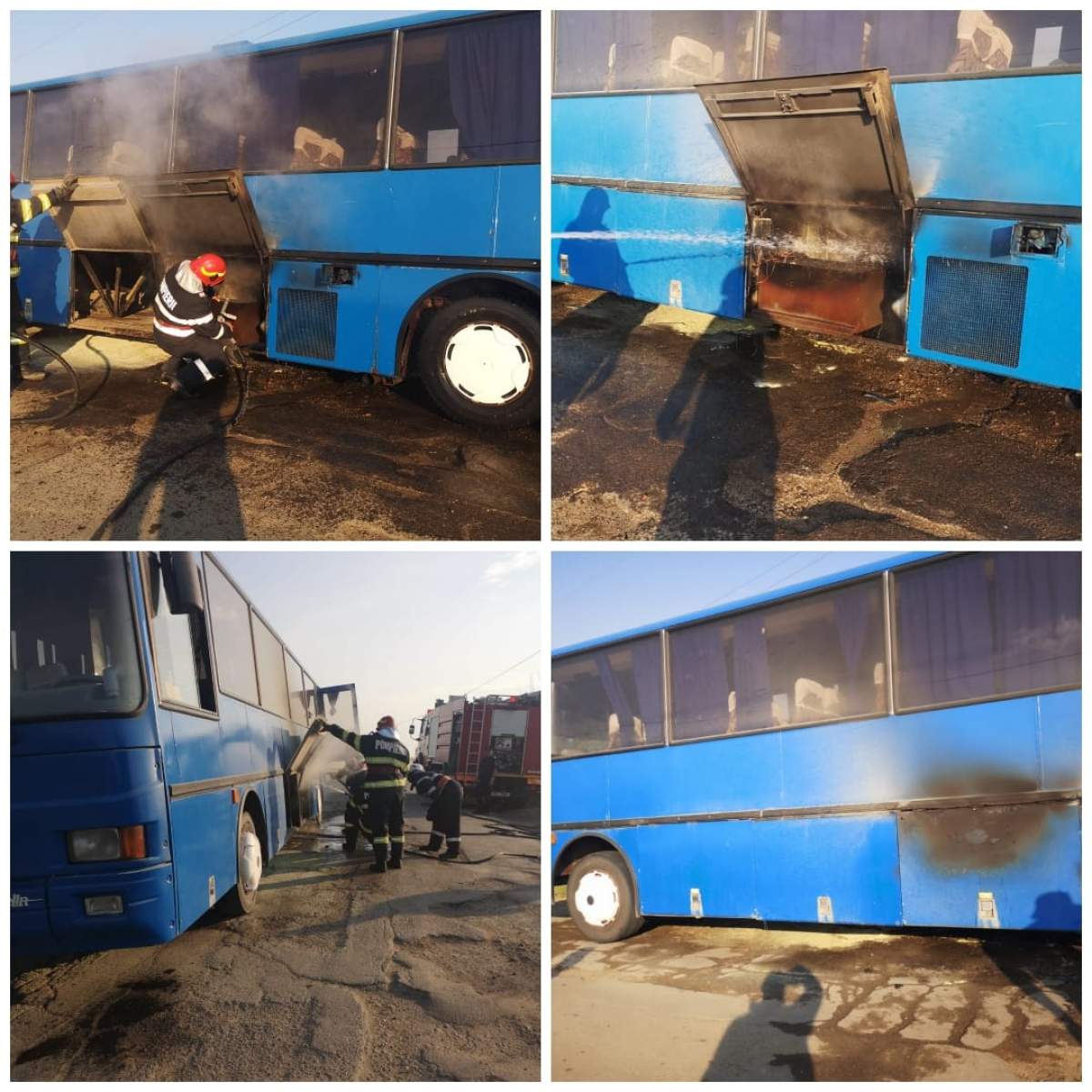 Un autocar cu 21 de copii a luat foc în această dimineață. Pompierii au intervenit de urgență / FOTO