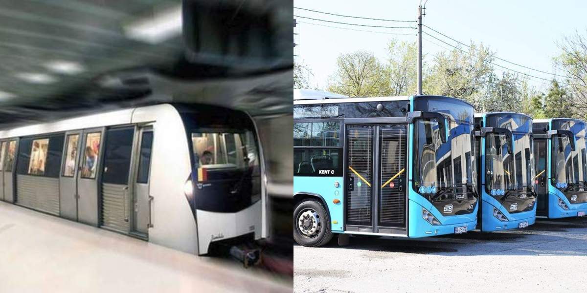 Colaj foto cu un metrou și mai multe autobuzee