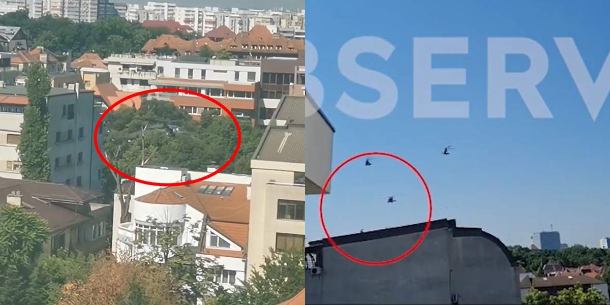 Elicopterul militar din București, filmat cu puțin timp înainte de a ateriza. A coborât brusc la foarte mică înălțime printre clădiri / VIDEO