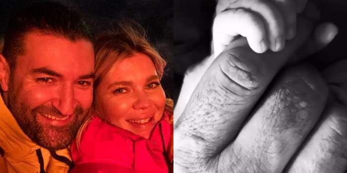 Colaj foto cu Gina Pistol și Smiley îmbrățișați și copilul lor