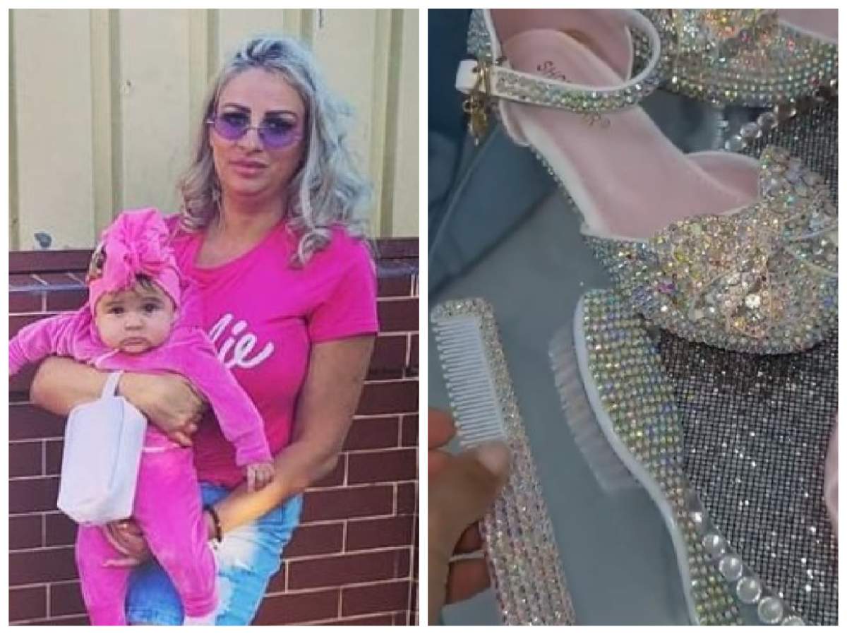 Cum e îmbrăcată fețița Sânzianei Buruiană la botez colaj cu Sânziana Buruiană, fetița ei și accesoriile de botez