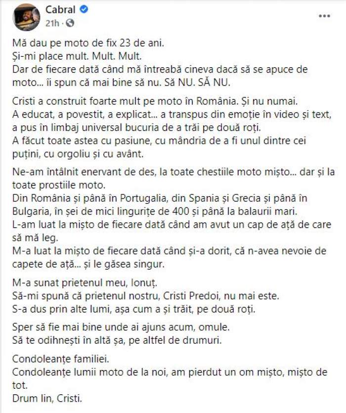 Durere mare pentru Cabral. Vedeta și-a pierdut o persoană dragă: „Sper să fie mai bine unde ai ajuns acum, omule” / FOTO