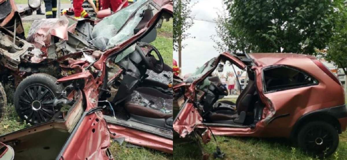 Un colaj cu accidentul din județul Arad în care o femeie și un bărbat au murit. Atât mașina, cât și tractorul care a strivit-o sunt transformate în fiare contorsionate.