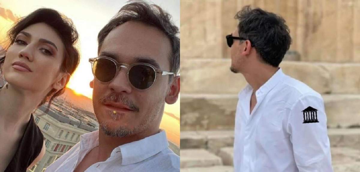 În stânga Daliana Răducan și Răzvan Simion își fac un selfie din Grecia. Ea poartă rochie neagră, iar el cămașă albă. În dreapta el privește într-o parte și are ochelari de soare.
