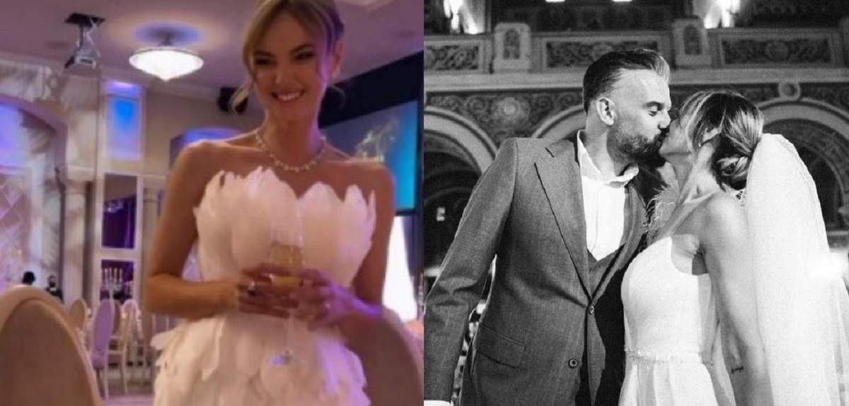 În stânga Roxana Ionescu poartă o rochie albă și ține în mână un pahar, la nuntă, iar în dreapta e în biserică, la cununia religioasă, și-l sărută pe soțul ei, Tinu Vidaicu.