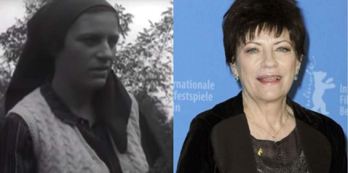 În stânga Luminița Gheorghiu juca în filmul Moromeții și purta batic. În dreapta purta sacou negru și zâmbea.