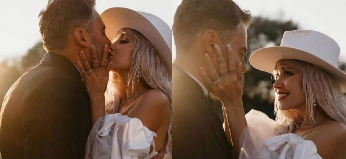 Alina Ceușan și Raul Tisa la nunta lor. În prima poză se sărută, iar în a doua ea în privește zâmbind și ținându-i mâinile pe față.