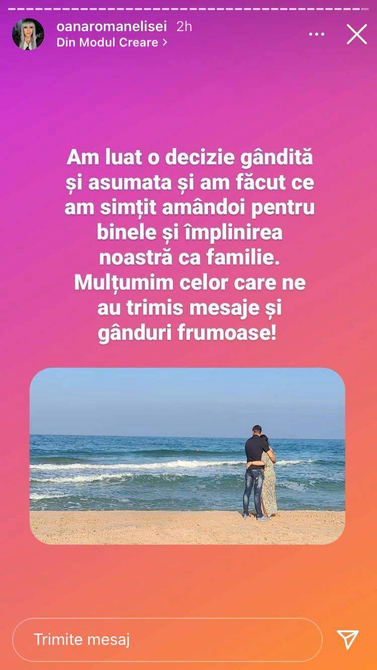 Mesajul Oanei Roman de pe Instagram referitor la împăcarea cu Marius Elisei.