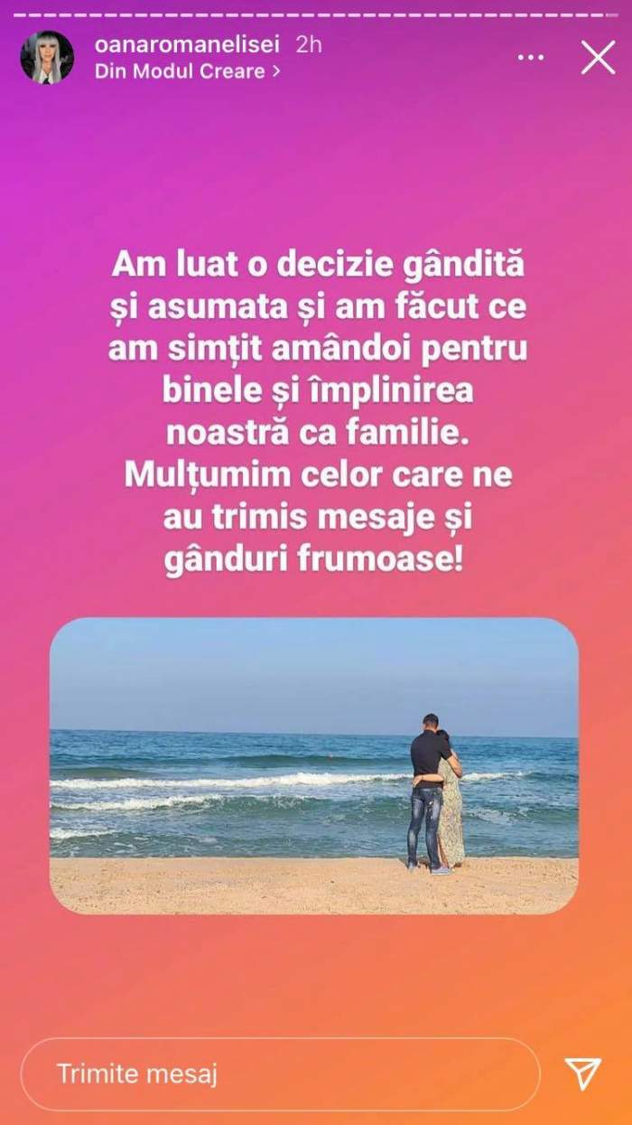 Mesajul Oanei Roman de pe Instagram referitor la împăcarea cu Marius Elisei.