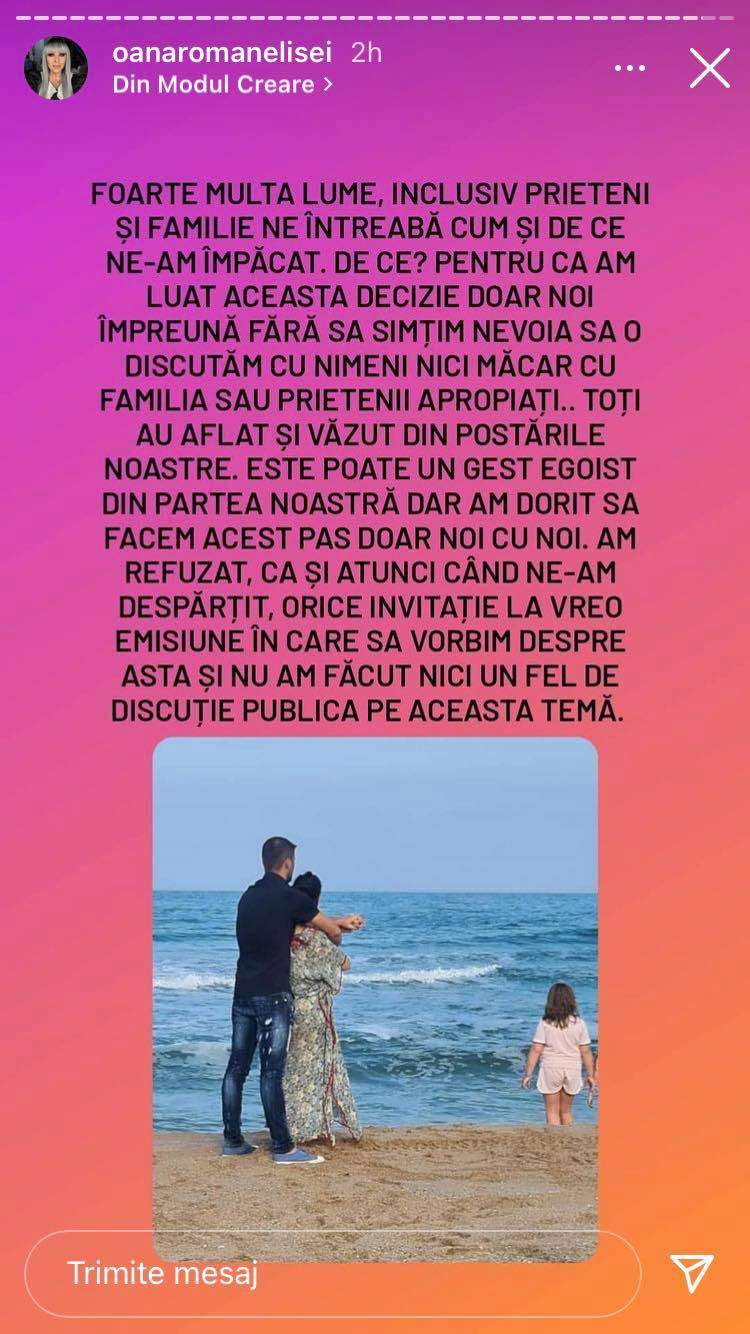 Oana Roman le-a explicat fanilor la InstaStory de ce s-a împăcat cu Marius Elisei.