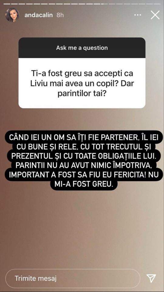 Mesajul Andei Călin pentru fanii care au întrebat-o dacă i-a fost greu să accepte că Liviu Vârciu mai are o fată.