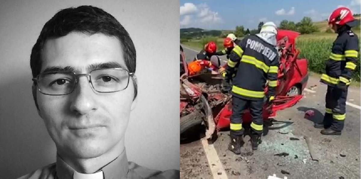 În stânga e o poză alb-negru cu Anton Cristian Biru, preotul din Sălaj care a murit în accidentul din județul Cluj. În dreapta e o poză cu pompierii și medicii sosiți la locul tragediei.
