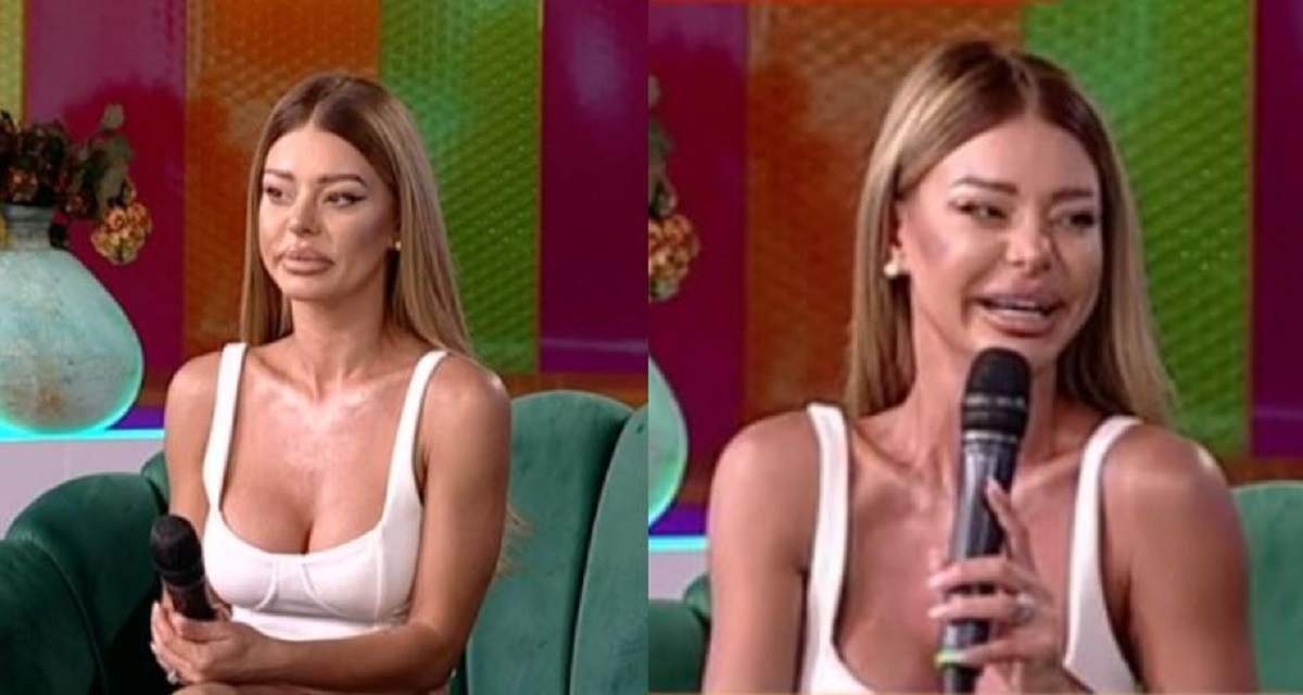 Ana Maria Mocanu e pe canapeaua verde de la Star Matinal și vorbește la microfon. Vedeta poartă maiou alb.