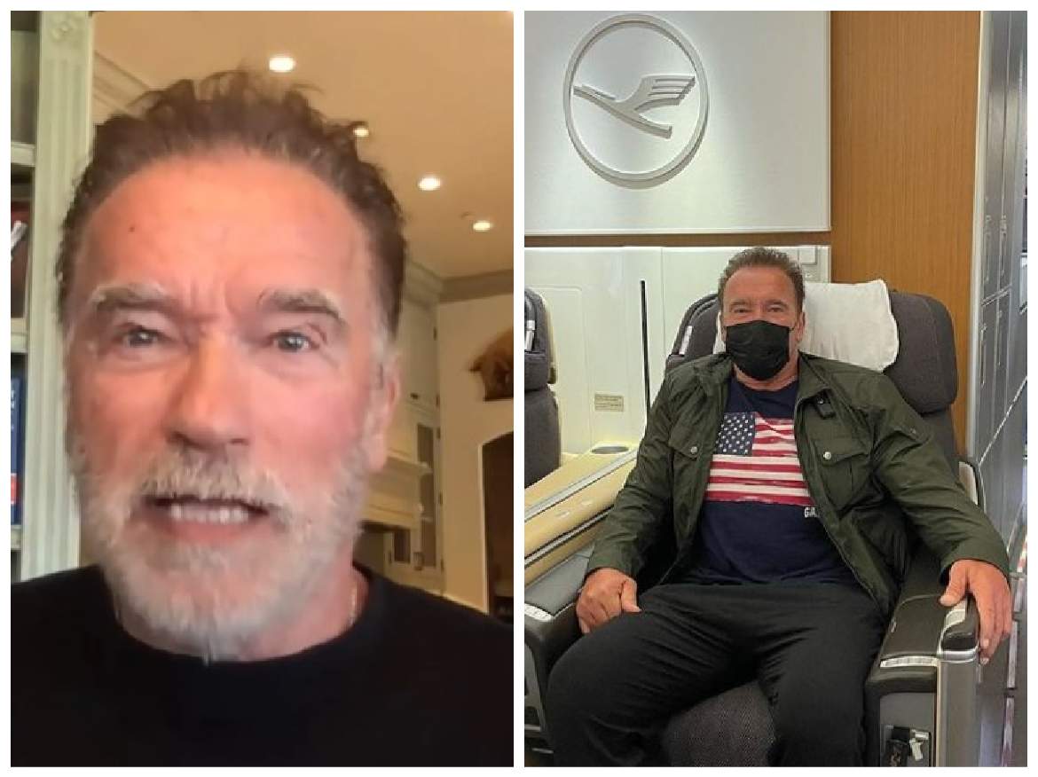 Colaj cu Arnold Schwarzenegger, vorbind despre masac de protecție și purtând masca de protecție
