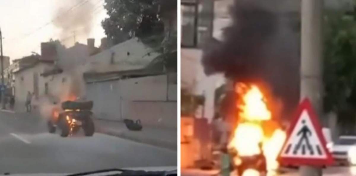 Un ATV a luat foc în timp ce se afla în trafic, la Pitești. Tânărul care-l conducea a reușit să își salveze viața în ultimul moment
