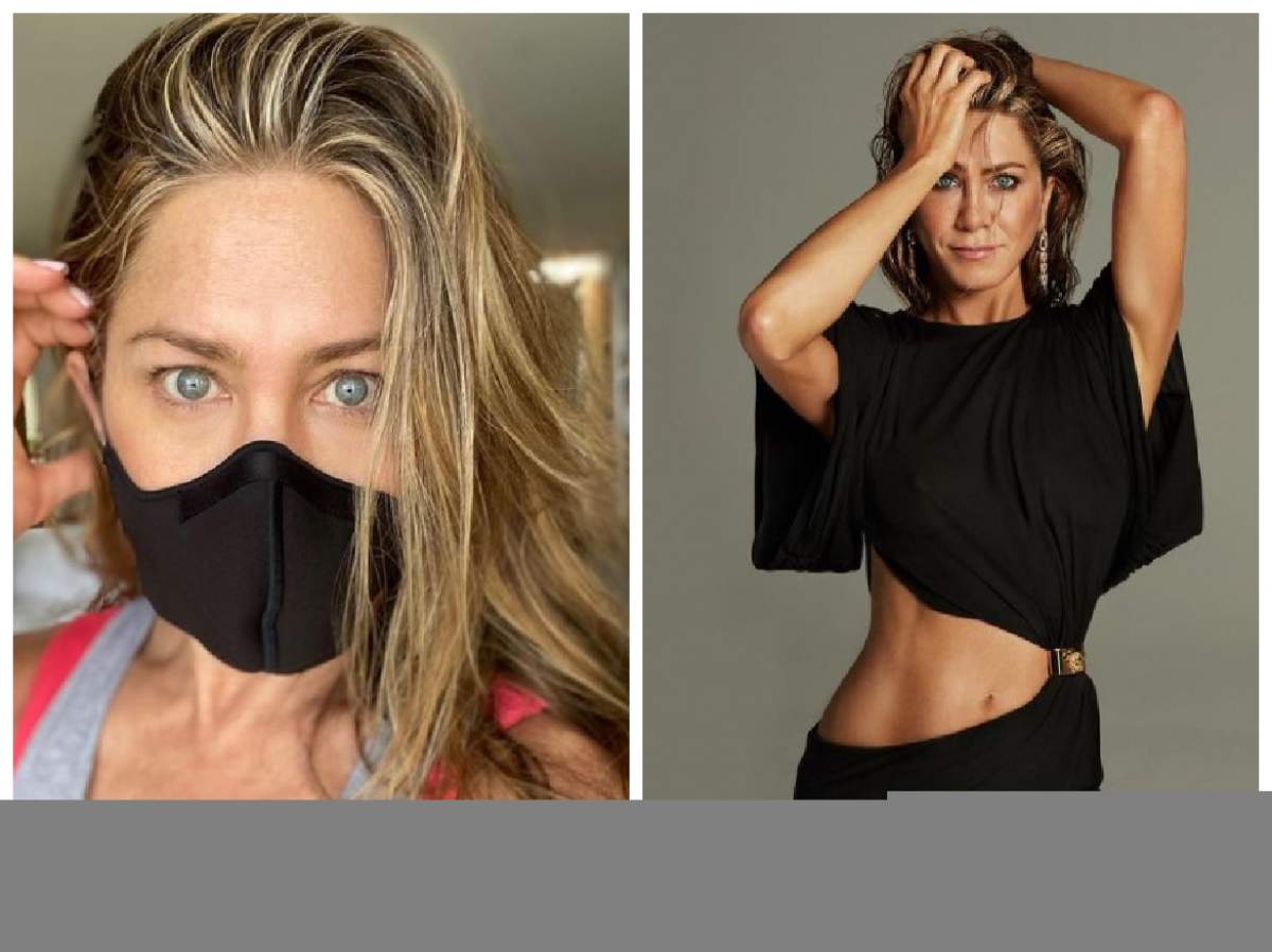 Colaj cu Jennifer Aniston purtând mască de protecție și fiind sexy la un shooting foto