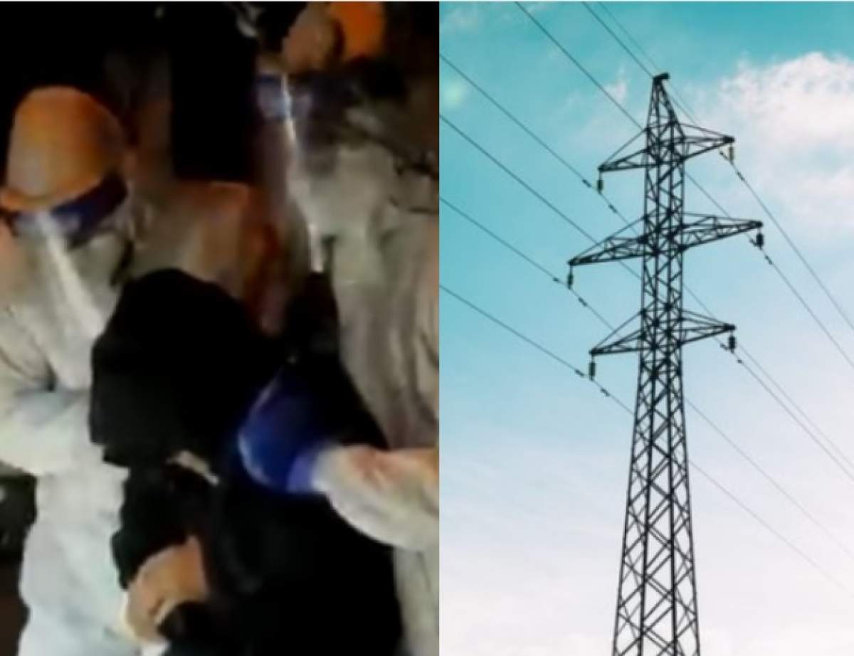 O femeie din Târgu Jiu s-a urcat pe un stâlp și a fost coborâtă după 8 ore de negocieri. A amenințat că sare în gol /  FOTO