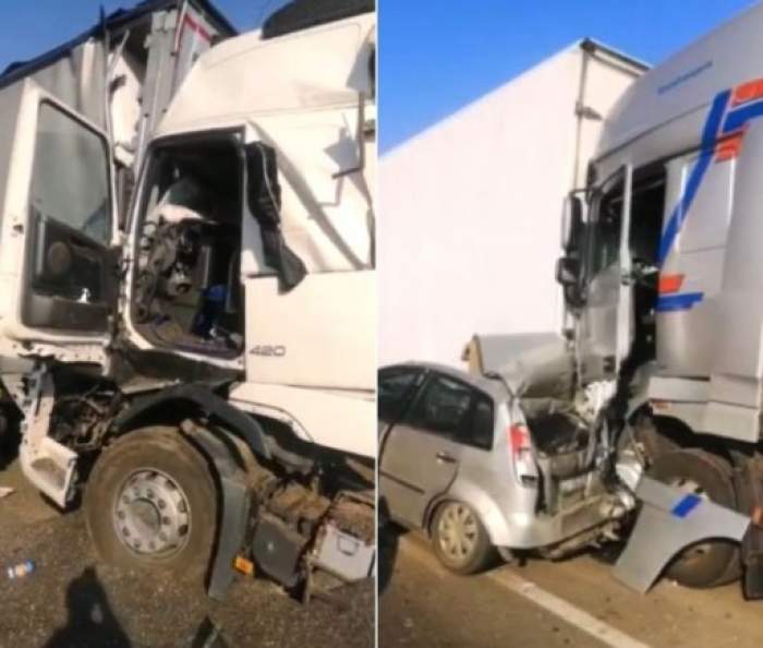 Accident de proporții la ieşirea din Balş! Patru camioane şi un autoturism au fost strivite / FOTO