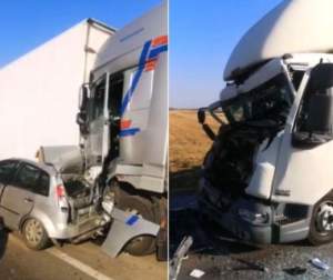 Accident de proporții la ieşirea din Balş! Patru camioane şi un autoturism au fost strivite / FOTO