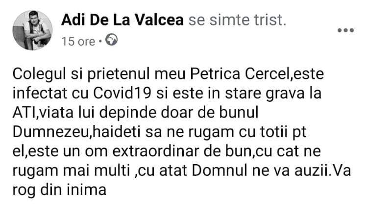 Ce rugăciune a postat Adi de la Vâlcea înainte ca Petrică Cercel să moară