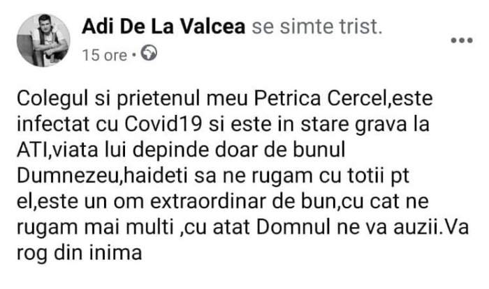 Ce rugăciune a postat Adi de la Vâlcea înainte ca Petrică Cercel să moară