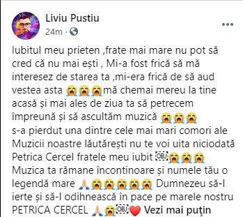 Liviu Puștiu îl plânge pe Petrică Cercel pe Facebook. Mesajul trist postat de artist: „Iubitul meu prieten”