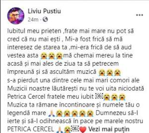 Liviu Puștiu îl plânge pe Petrică Cercel pe Facebook. Mesajul trist postat de artist: „Iubitul meu prieten”