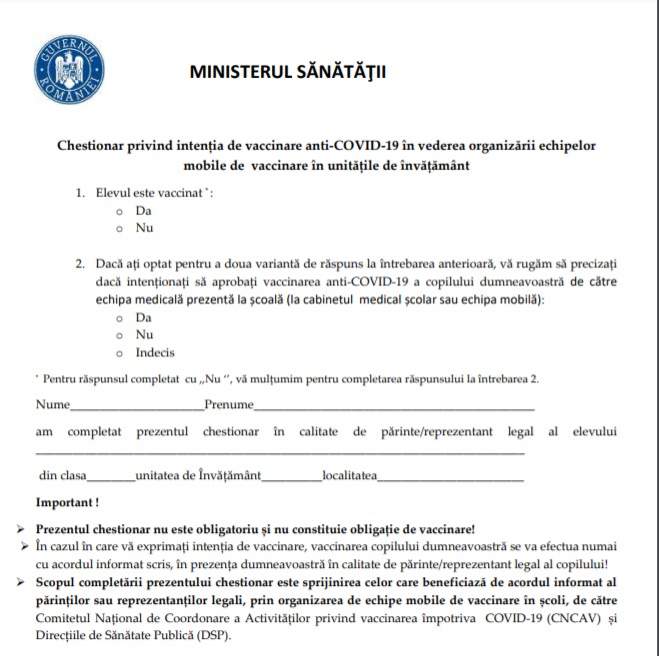 Cum arată chestionarul pentru vaccinarea elevilor, lansat de Ministerul Educației. Fiecare părinte din România îl va primi / FOTO