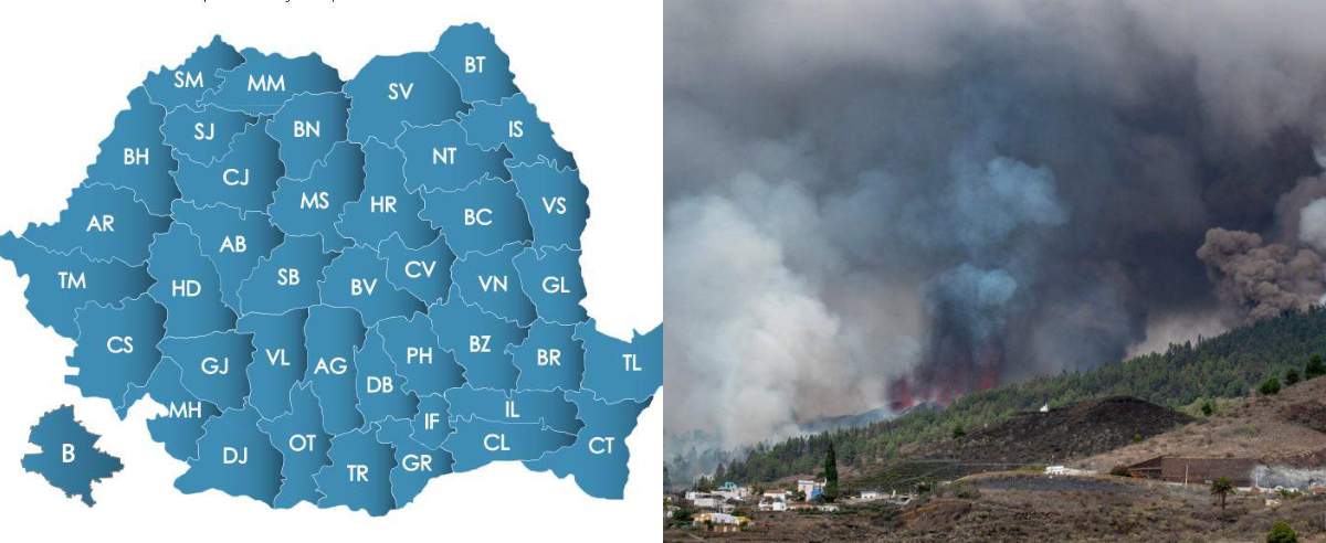 Colaj harta României și vulcanul erupt din Insulele Canare