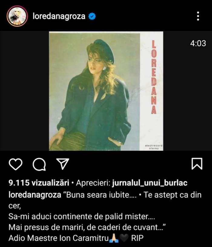 Loredana Groza și-a luat rămas bun de la Ion Caramitru. Ce a publicat cântăreața pe rețelele de socializare / FOTO