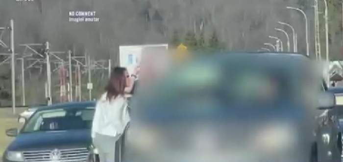 Acces Direct. Imagini cu Oana Zăvoranu în timp ce îl scuipă pe șoferul care a amenințat-o cu cuțitul. Bruneta a recunoscut că i-ar fi dat și un pumn / FOTO