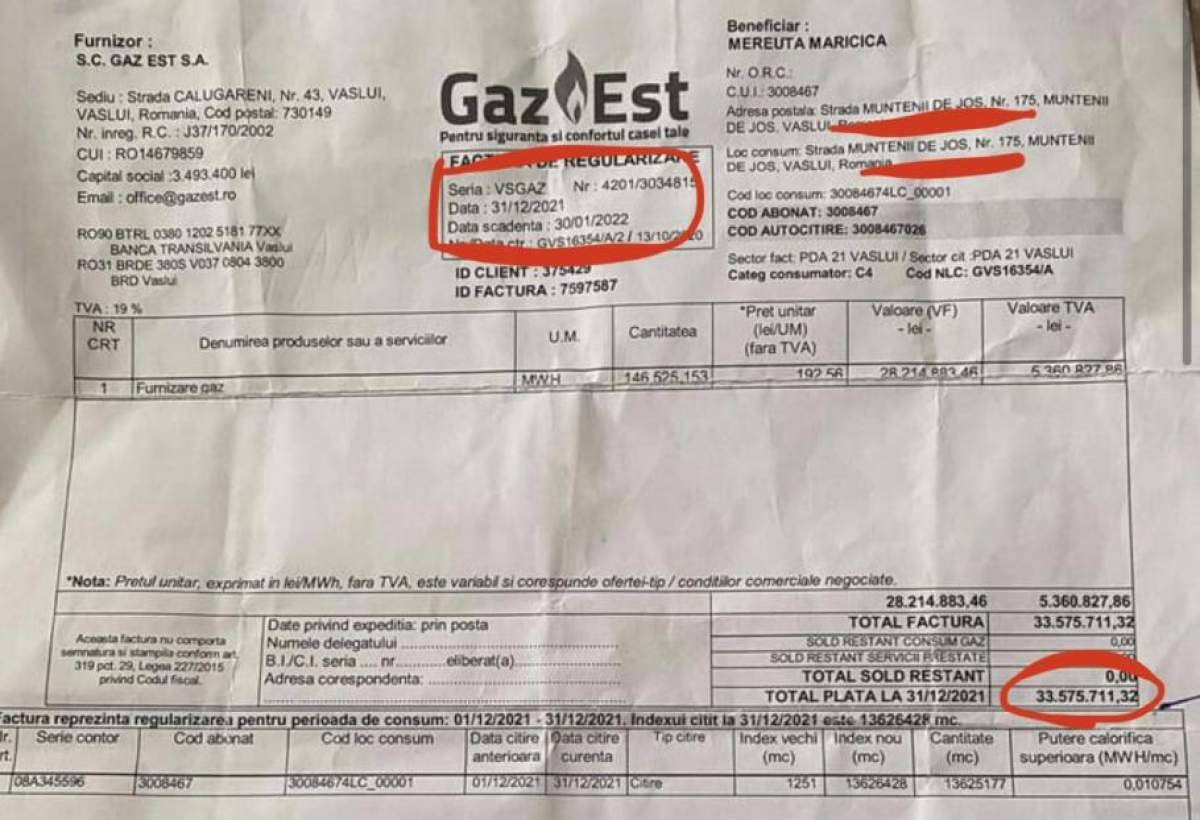 O pensionară din Vaslui a primit o factură imensă la gaze. Femeia trebuie să plătească 6,7 milioane de euro