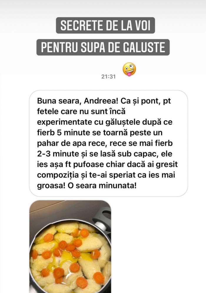 Rețeta de supă cu găluște a Andreei Bănică! Artista a stârnit un val de reacții pe rețelele de socializare