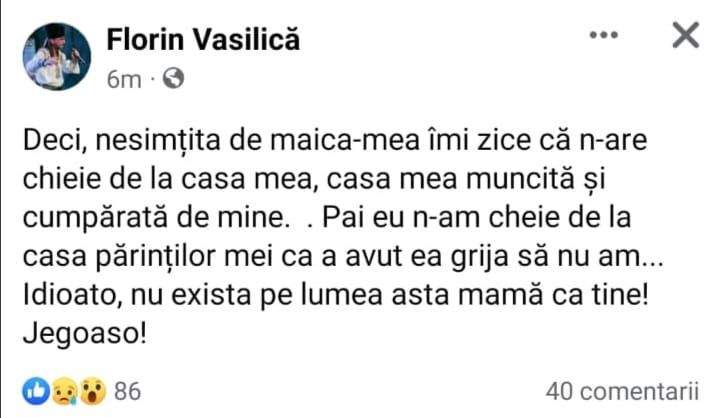 Florin Vasilică, atac dur la adresa mamei lui! Ce acuzații acide îi aduce interpretul: „Jegoaso”