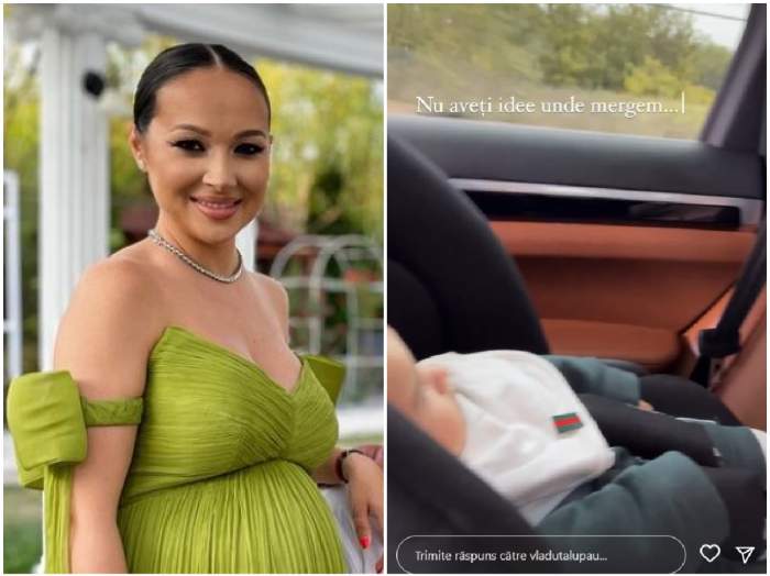 Colaj cu Vlăduța Lupău însărcinată și copilul ei în mașină