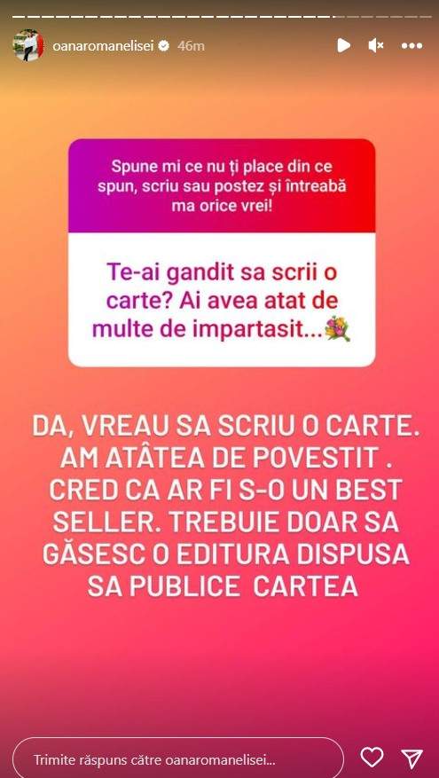 Oana Roman vrea să scrie o carte. Ce își dorește vedeta să împărtășească: „Cred că ar fi un bestseller”