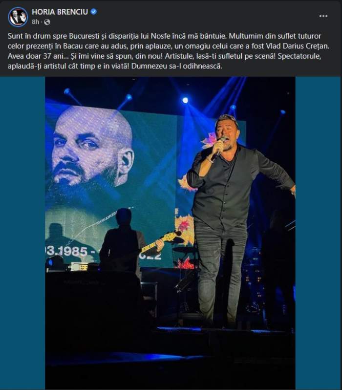 Horia Brenciu, omagiu pe scenă pentru Nosfe. Ce gest a făcut artistul: „Multumim din suflet tuturor...” / FOTO
