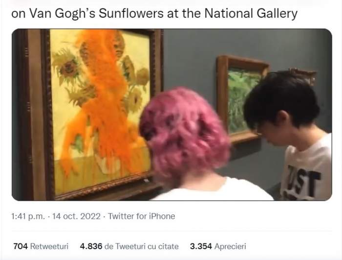 O pictură Van Gogh estimată la 80 de milioane de dolari, stropită cu supă de roșii. Momentul a fost filmat și pus pe rețelele de socializare / FOTO