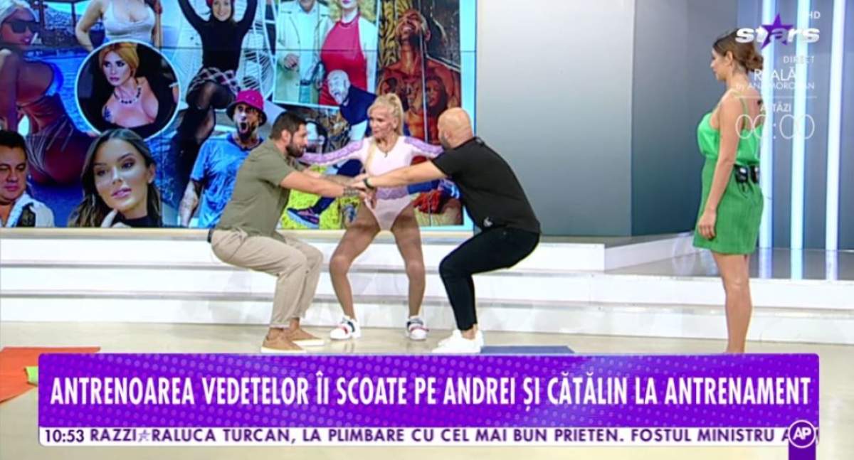 Andrei Ștefănescu și Cătălin Cazacu Antrenoarea vedetelor îi scoate pe Andrei Ștefănescu și Cătălin Cazacu la antrenament. Cei doi prezentatori sunt puși la încercare