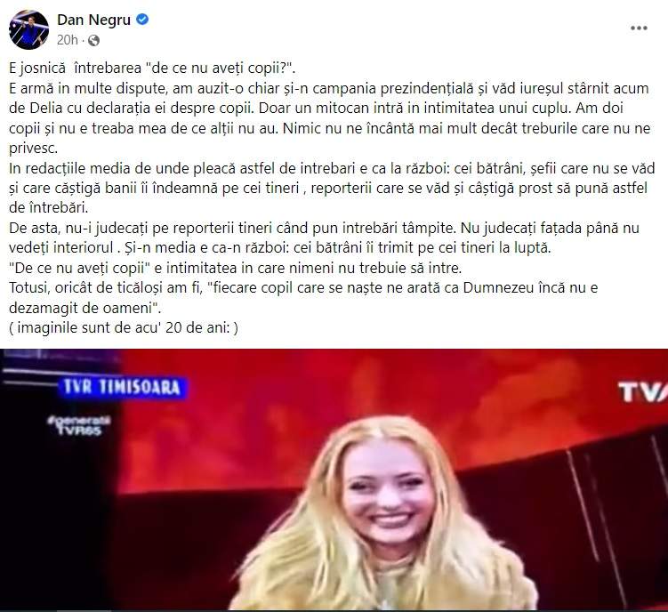 Reacția lui Dan Negru după ce Delia Matache a spus motivul pentru care nu vrea să aibă copii: „E josnică întrebarea...”