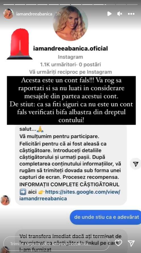 Andreea Bănică cere ajutorul fanilor după ce i-a fost furată identitatea. Anunțul vedetei: „Vă rog să raportați”