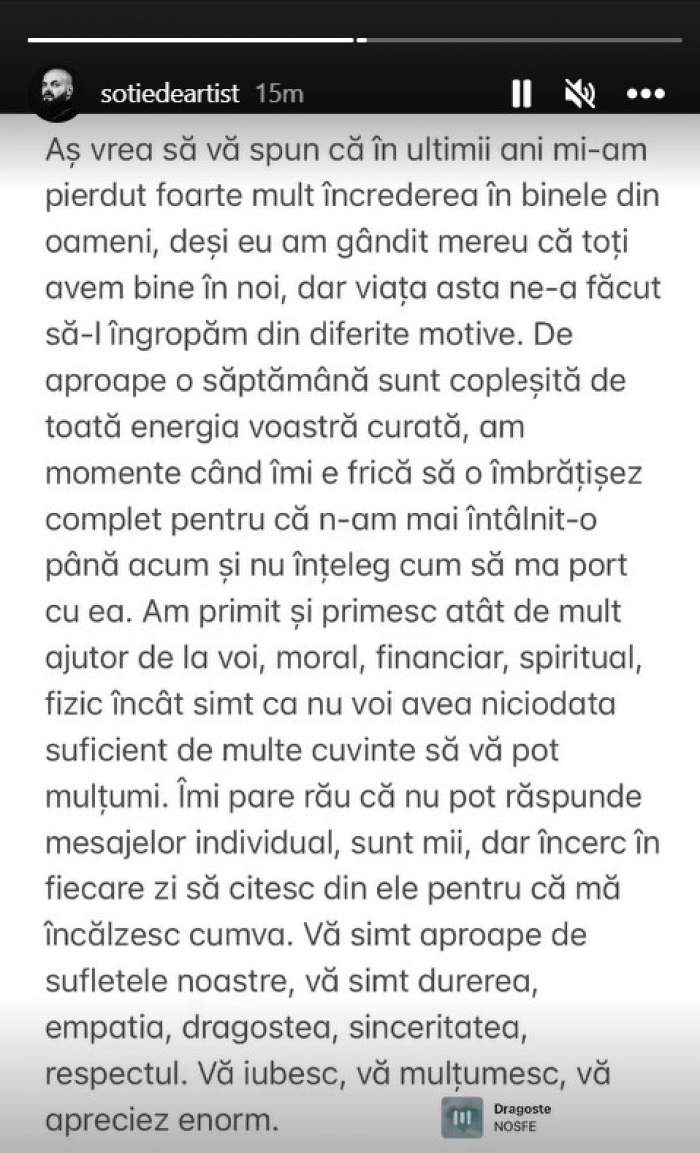 Mesajul soției lui Nosfe, la o săptămână de la decesul cântărețului. Ce a avut de spus Mădălina Crețan: “Sunt copleșită” / FOTO