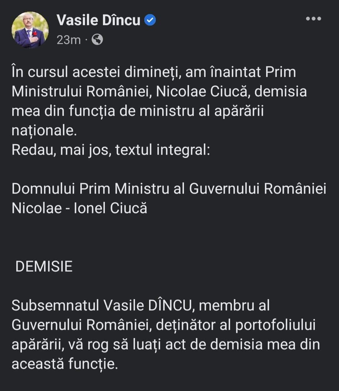 Ministrul Apărării, Vasile Dîncu, și-a dat demisia: „Motivez gestul meu...”