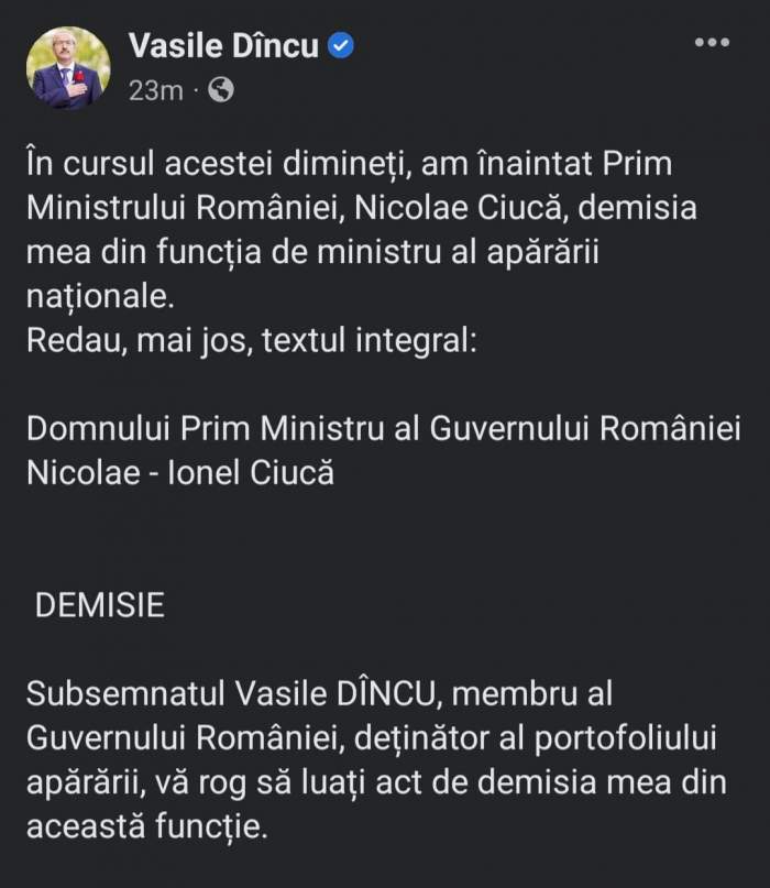 Ministrul Apărării, Vasile Dîncu, și-a dat demisia: „Motivez gestul meu...”