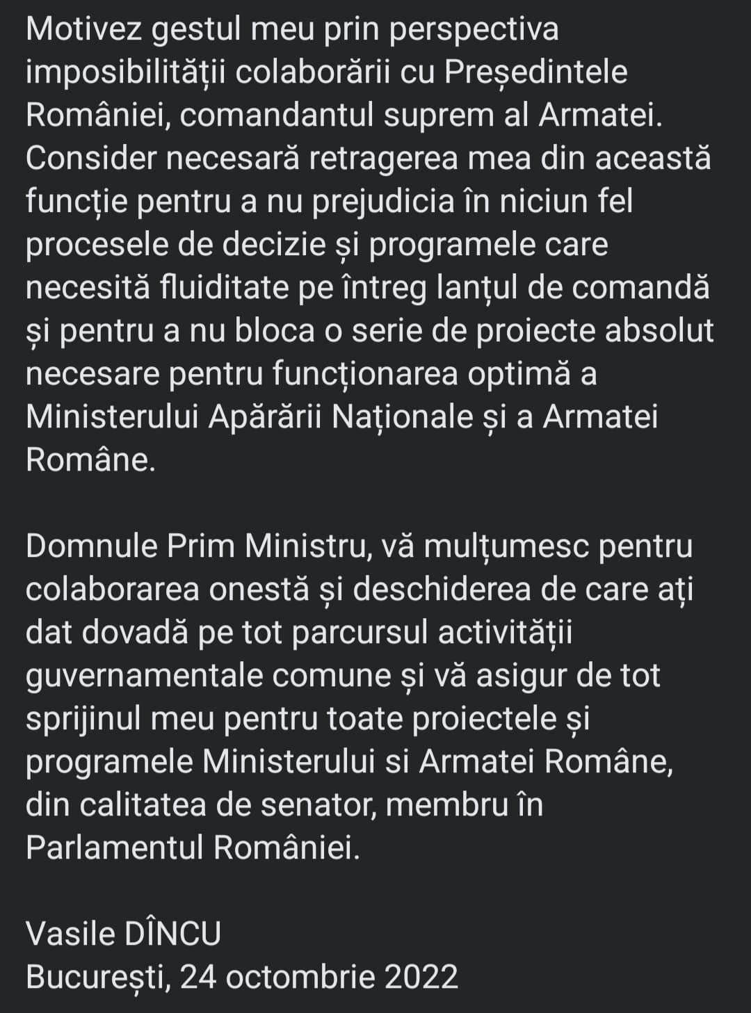 Ministrul Apărării, Vasile Dîncu, și-a dat demisia: „Motivez gestul meu...”